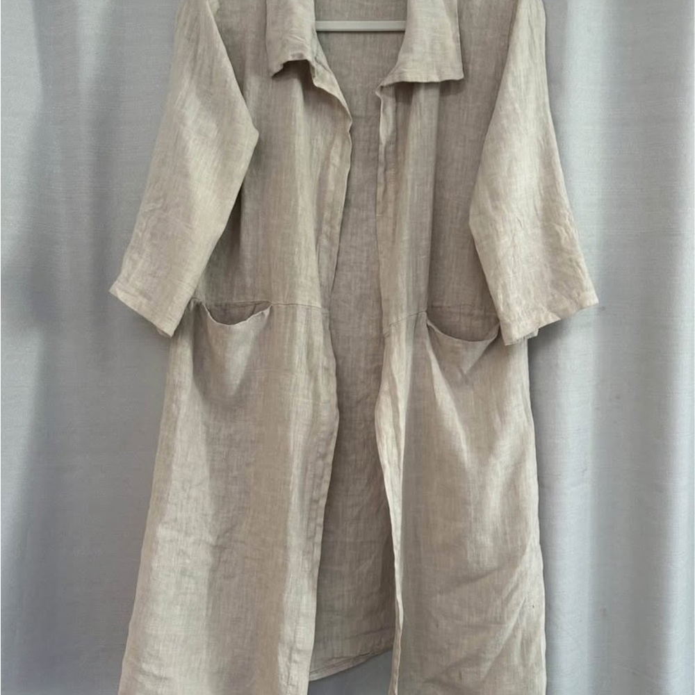 Linen jacket sweater duster small white long pockets cream